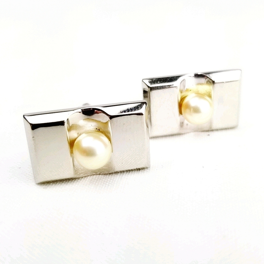 Vtg Akoya Pearl & Sterling Silver Cuff Links EVC